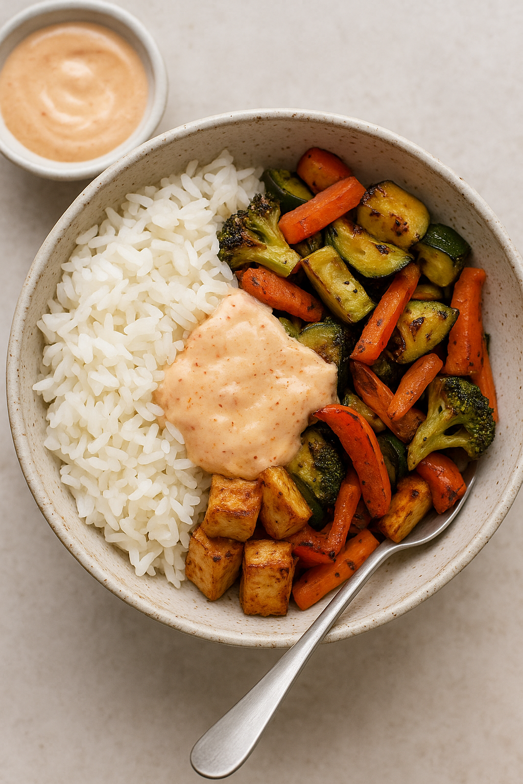 Pittige Skyr-saus met gewokte groenten en rijst