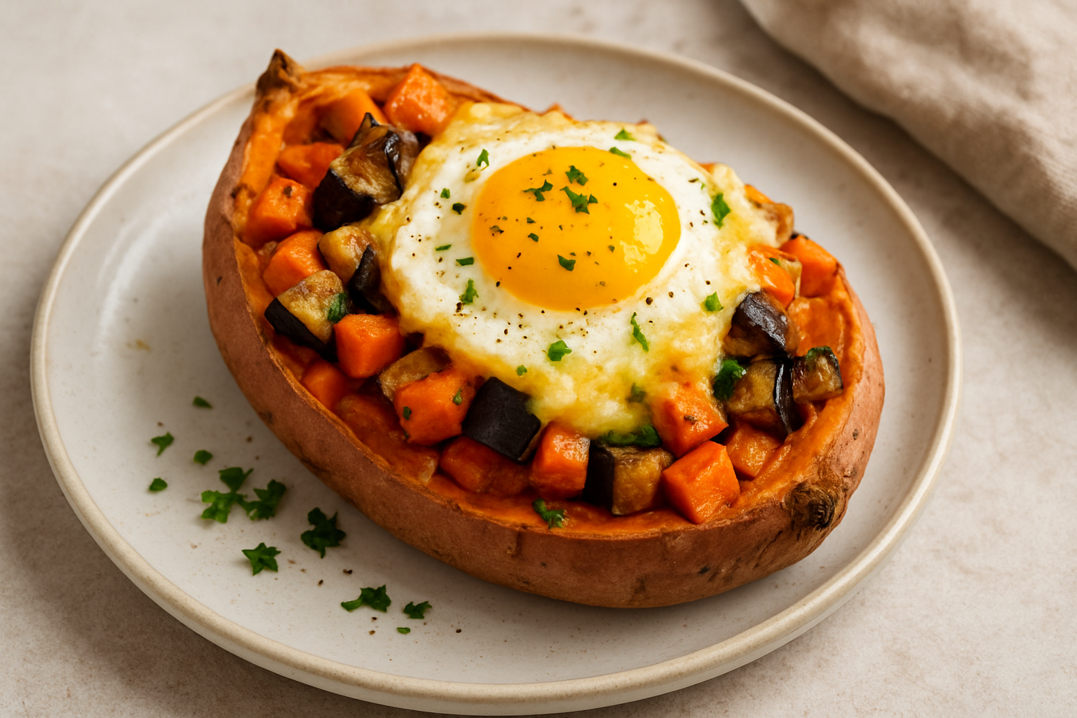 Gepofte zoete aardappel met wortel en aubergine, ei en kaas