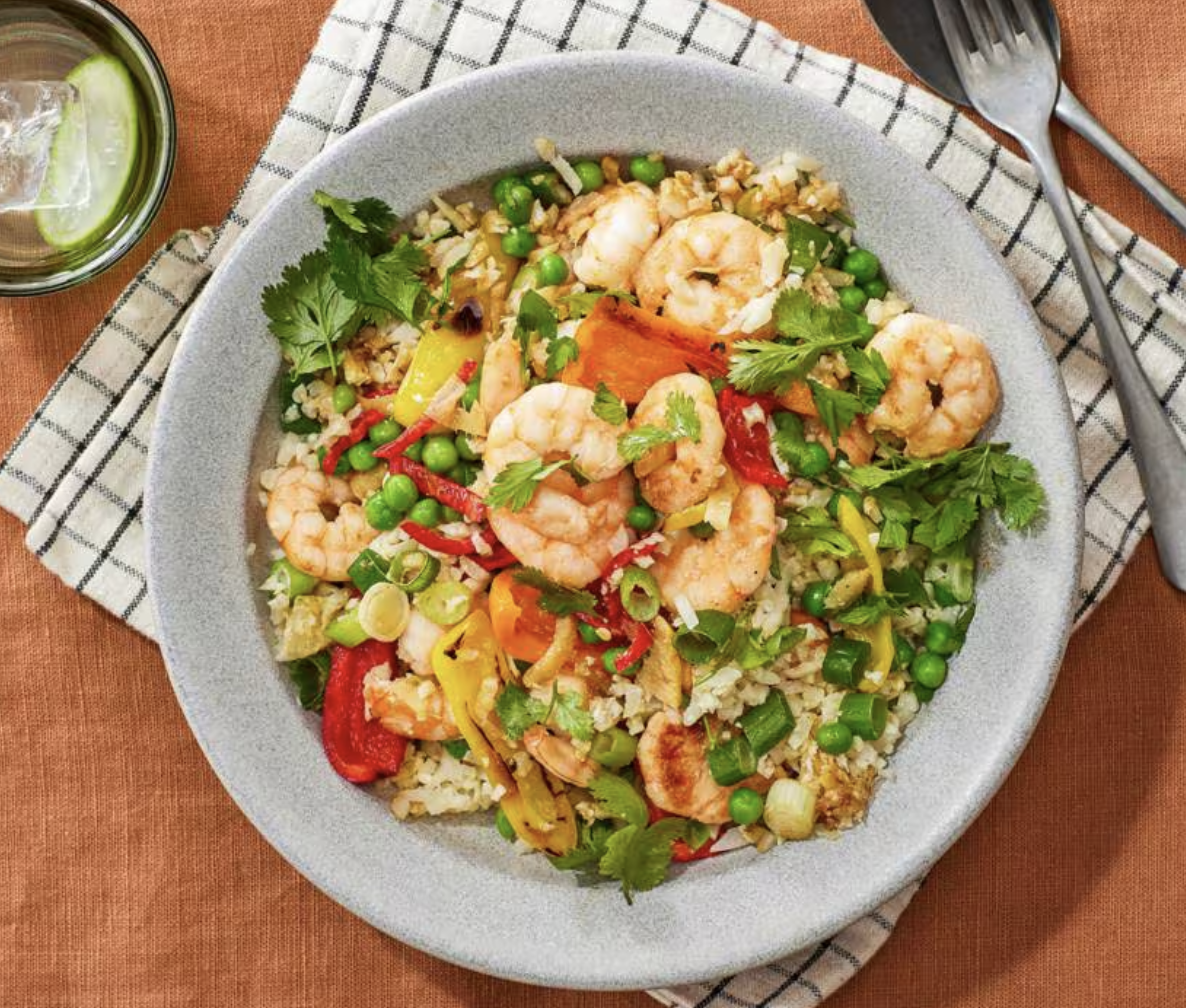 Bloemkoolrijst met groente en garnalen